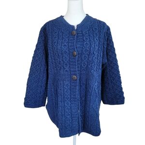 NWT Kilronan Ireland 100% Merino Wool Aran Cable Knit Cardigan Royal Blue XL